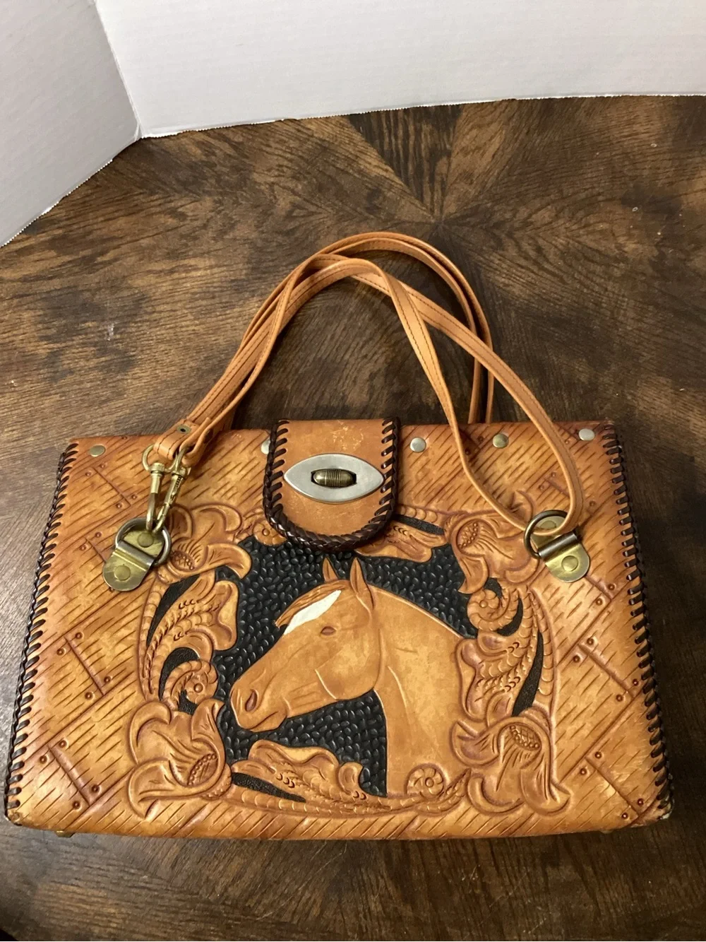 Handcrafted Tooled Leather Horse Tote Bag in Tan